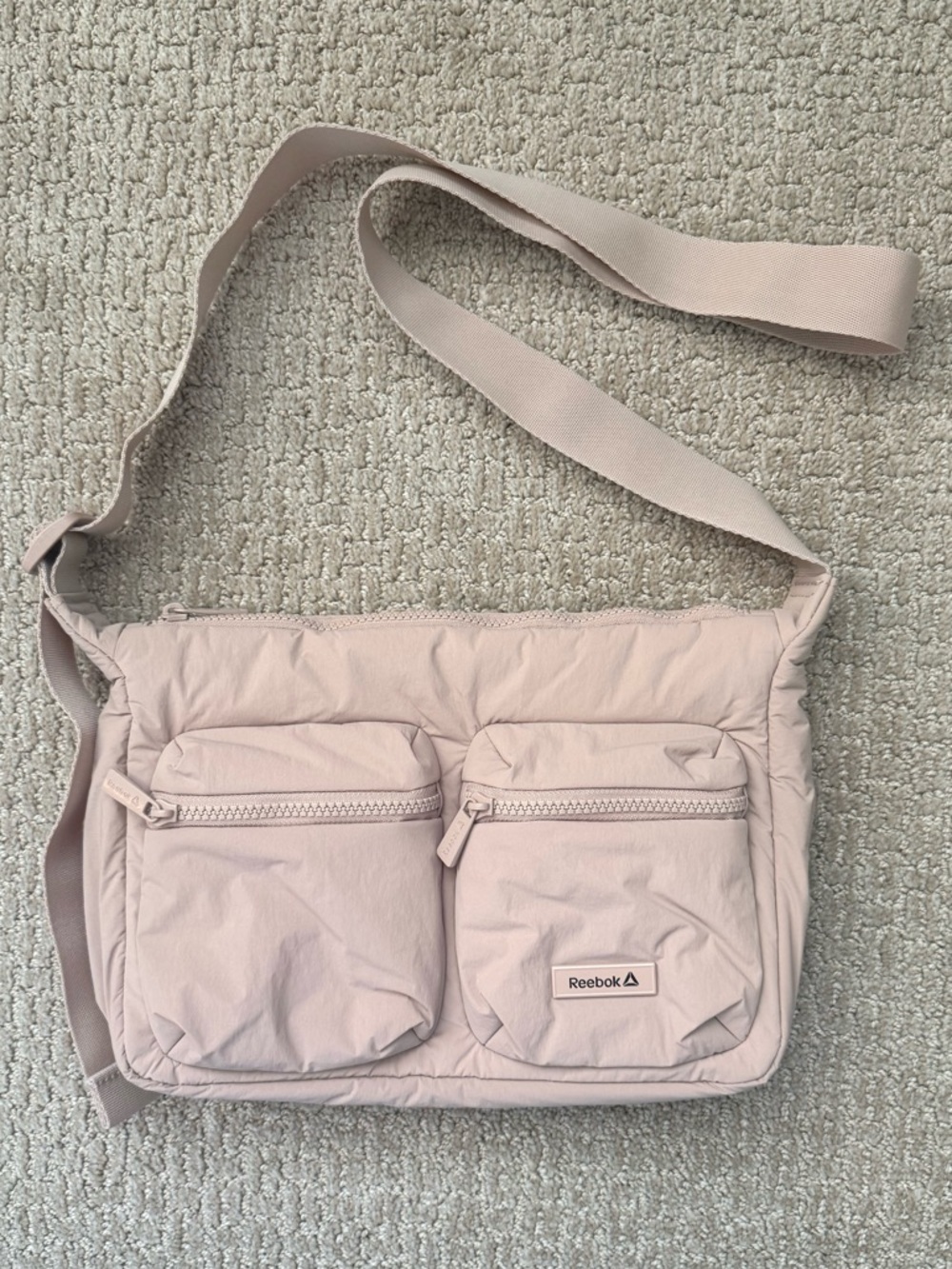 Reebok Nylon Shoulder Bag Beige Crossbody Sporty Minimal Utility Pockets